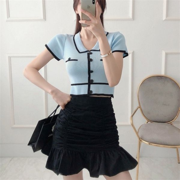 

summer women 2pcs set sweet knitted lapel short sleeve t-shirt + high waist bodycon ruched ruffles mini skirt 210519, White