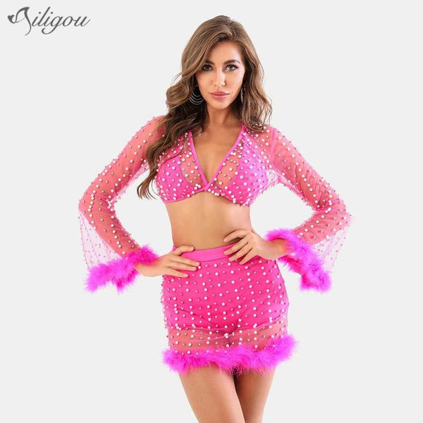 

summer style ladies long sleeve pink beaded feather two piece bandage suit celebrity designer fashion set 210527, White