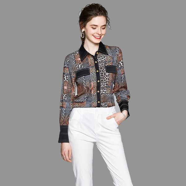 

women's blouses & shirts 2021 spring women runway fashion long sleeve leopard print vintage shirt elegant lady office blusas casual fem, White