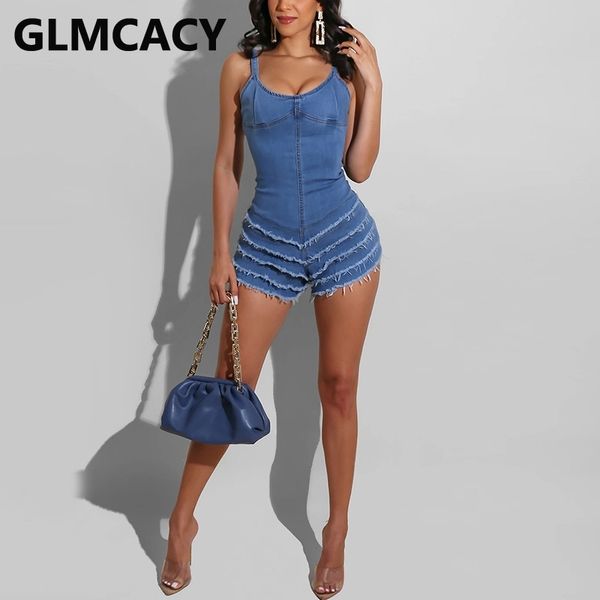 

women spaghetti strap tassel design bodycon denim romper 210702, Black;white