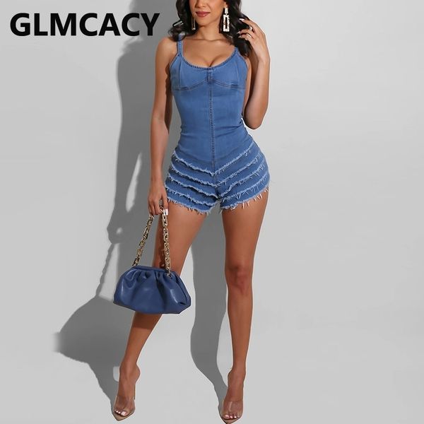 Kadın Spagetti Kayışı Püskül Tasarım Bodycon Denim Romper 210702