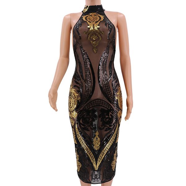 

paris girl fashion sleeveless dress women's print black open back sequins embroidered perspective bodycon mesh 210524, Black;gray
