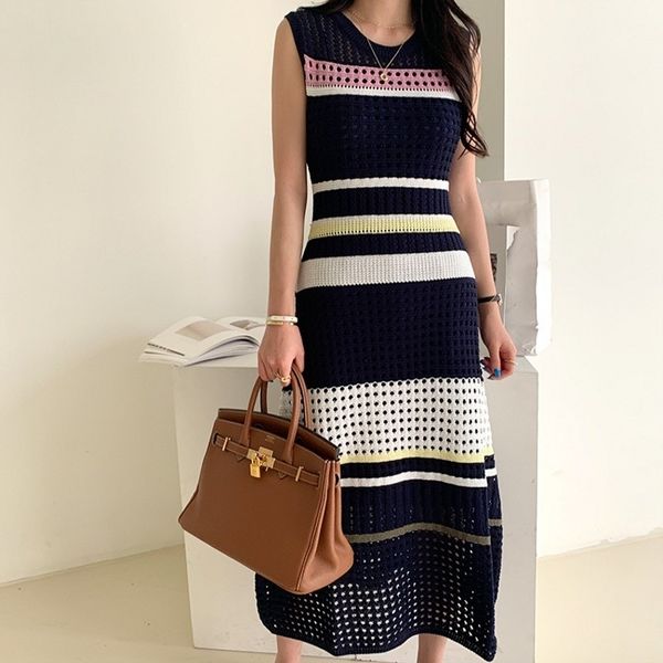 

zawfl arrival runway knitting hollow out maxi dress women sleeveless striped pathcwork vestido mujer verano robe femme 210525, Black;gray