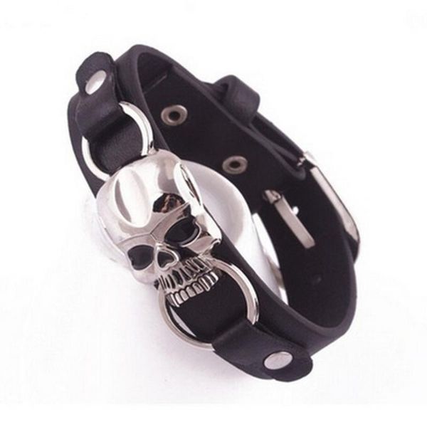 

link, chain vintage retro rivet punk cool hip hop accessorie leather skull skeleton biker bracelet mens jewelry, Black