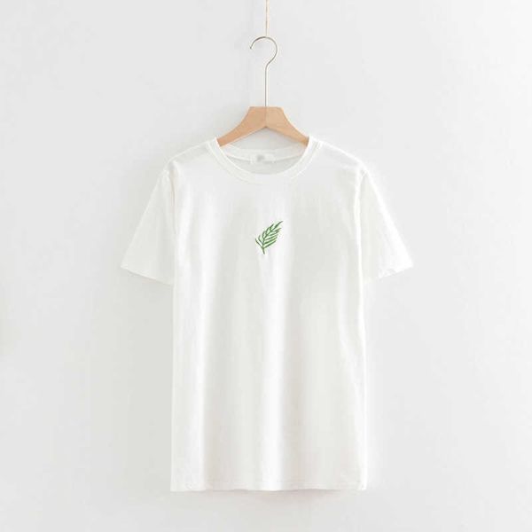 

perhaps u white yellow leaf leaves embroidery short sleeve o neck tees t shirt casual women female b0121 210529