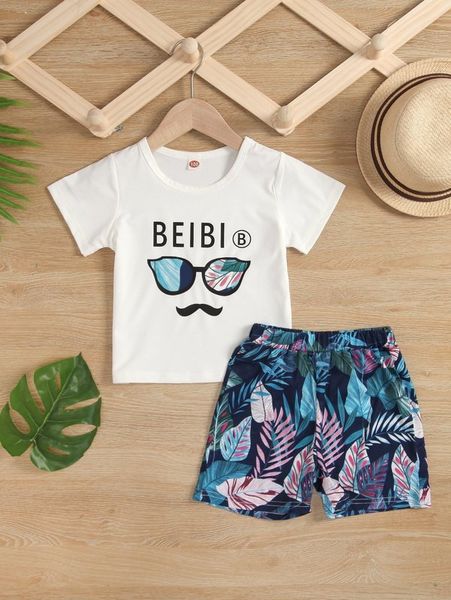 

toddler boys glasses & letter graphic tee & tropical print shorts she, White
