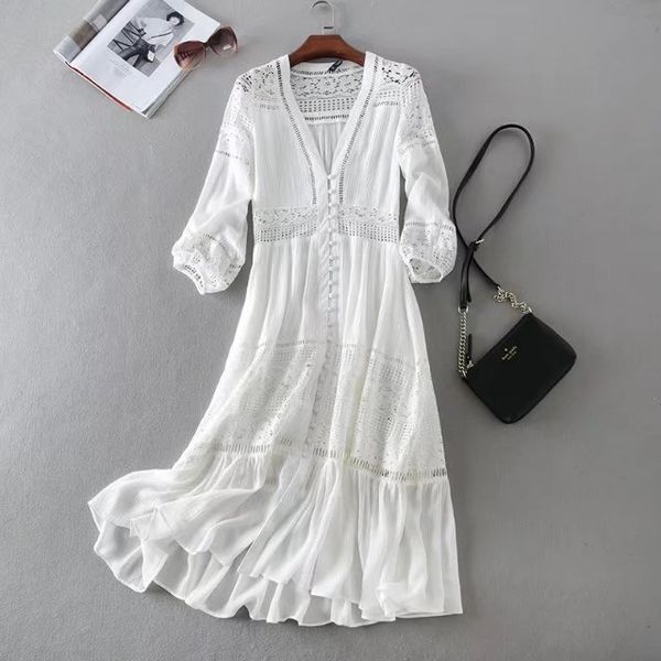

casual dresses women elegant white lace ladies v-neck evening party dress 2021 new chic hollow out botton panelled long q5rx, Black;gray