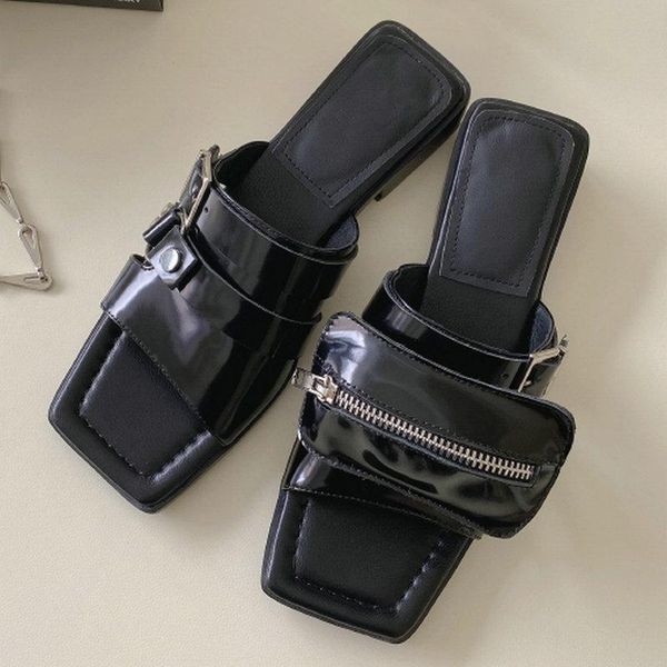 

slippers 2021 summer low heels female genuine leather zippers women flat shoes est classic design casual basic sandals, Black