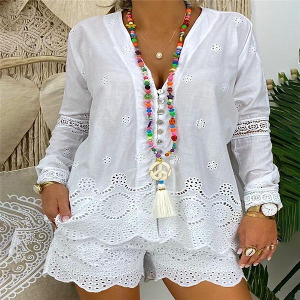 

women's tracksuits summer white two piece set women 2021 casual shorts sets long sleeve elegant drawstring v-neck plus size mujer, Gray