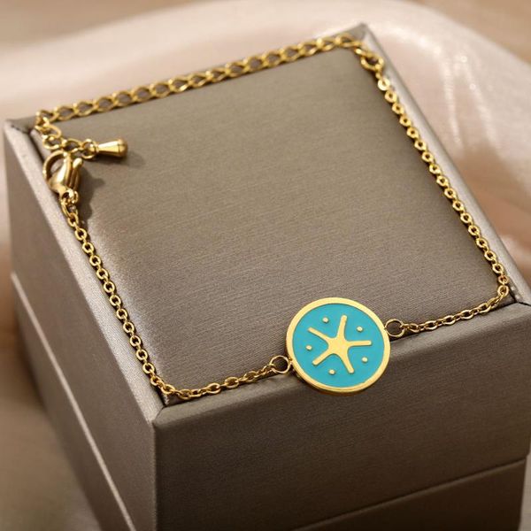 

charm bracelets stainless steel enamel star bracelet for women boho cute round dripping oil jewelry couple friends gift bijoux, Golden;silver