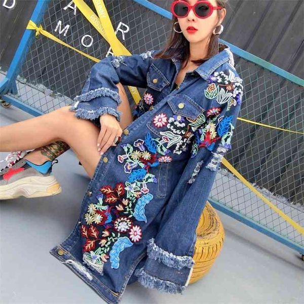 

fashion floral embroidery denim coat long ripped tassel beading jeans jacket women spring fi071 210427, Tan;black