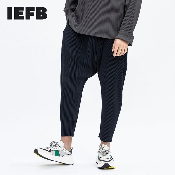 

iefb /men's wear thin sytle pleated pants for male japanese stretch fabric breathable casual low crotch ankle-length pants y3056 210524, Black