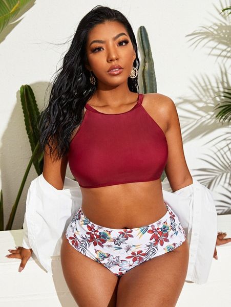 

plus floral print high waisted bikini swimsuit o7ko#, Black