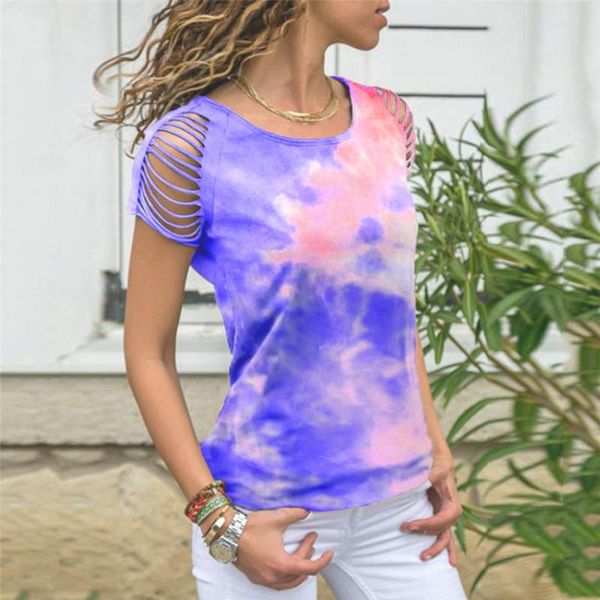 

hollow out t shirt women tie dye tee for summer multicolor short sleeve 2021 tie-dye shirts female women's t-shirt, White