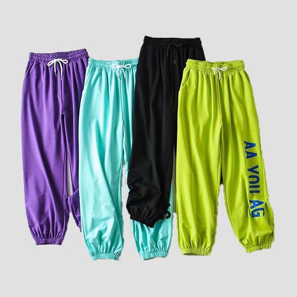 

hip hop dance pants women fashion letter lace up stretch waist trousers casual loose wide leg straight harlan femme women's & capris, Black;white