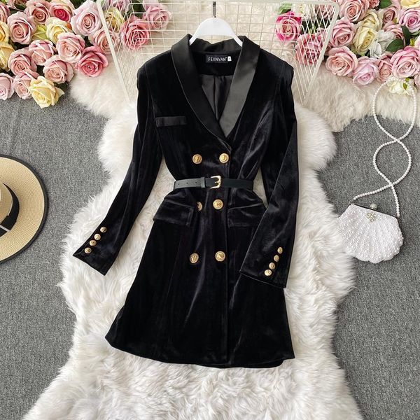 

korean office lady elegant blazer dress women vintage button velvet black a-line dresses casual, Black;gray