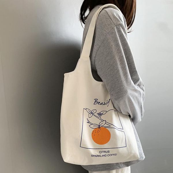 

women canvas shoulder tote bag chic fruit printed cotton cloth shopping bags female handbag ins reusable beach shopper
