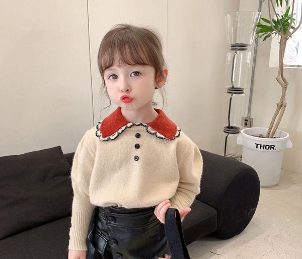 

pullover korean style girls knitted 2021 winter fashion turn-down collar full sleeve children sweaters 3-10 years, Blue