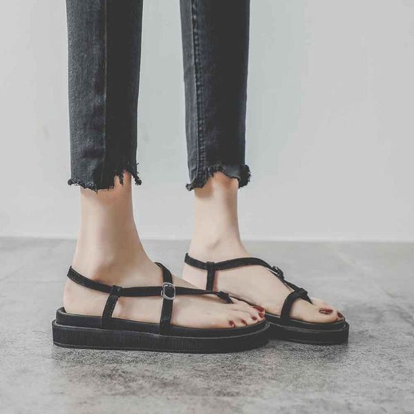 

sandals woman 2021 summer versatile andromeda flat platform shoes retro original vintage roman, Black