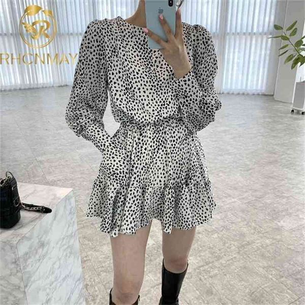 

women dress vintage long sleeve korean chic casual ruffles leopard printed high waist loose female vestidos 210520, Black;gray
