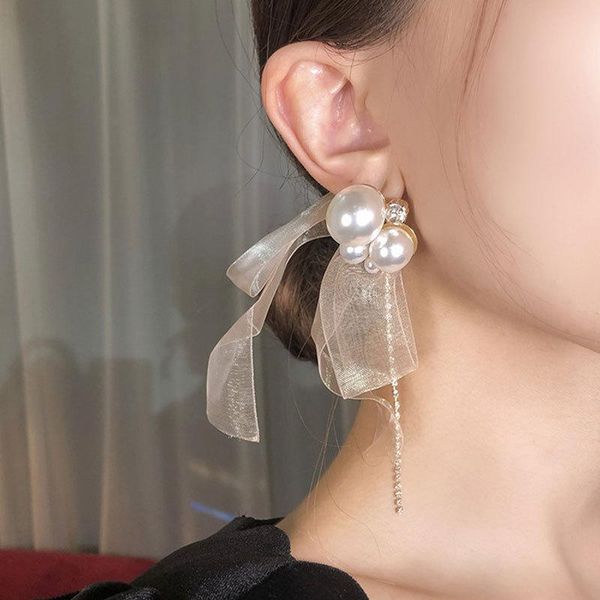 

dangle & chandelier big lace pearl drop earrings women trendy temperament jewelry sweet tassel earings for butterfly luxury, Silver