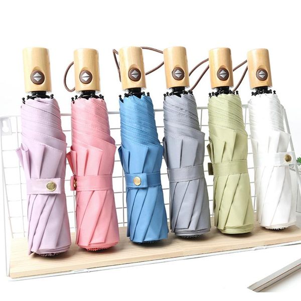 

umbrellas automatic umbrella with wooden handle 3 stage 8 ribs green blue pink gray white purple women's male