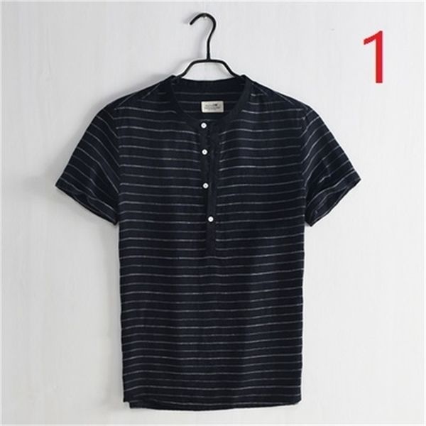 

thin section round neck short-sleeved linen shirt men's summer striped self-cultivation stand collar half sleeve breathable casu 210420, White;black