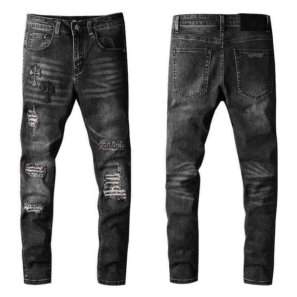

chic heart street ch crow's cross casual wash old high street hip hop slim jeans #718, Blue