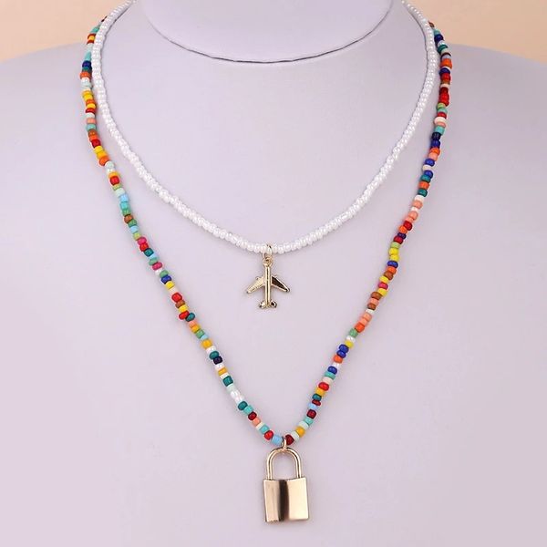 

2 pcs/set trendy multicolor white glass beaded necklaces for women boho fashion gold color aircraft lock pendant necklace gifts, Silver