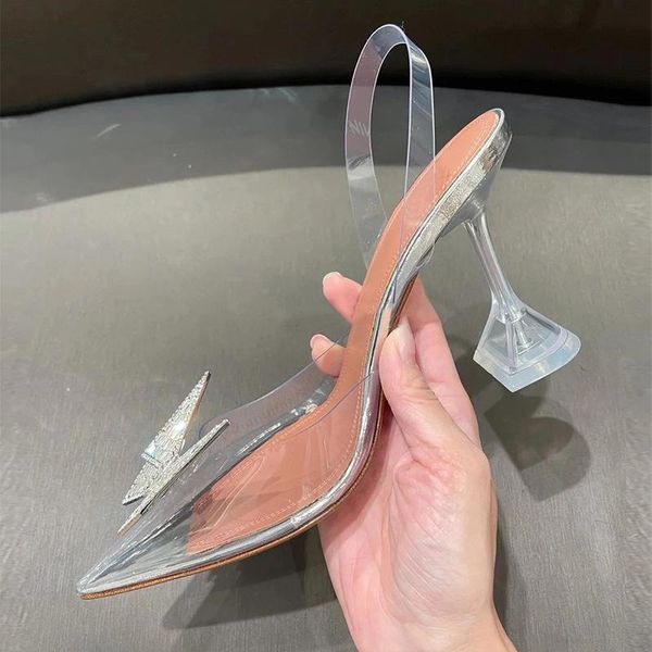 

dress shoes women's sandals bow decoration 2021 summer style pointed crystal heel high heels fashion party wedding, Black