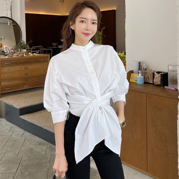 

women's blouses & shirts autumn style korean design, casual temperament, mid-sleeve lace-up waist fashion shirt top, White