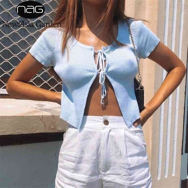 

knit basic crop women lace up cardigan summer t shirt short sleeve cropped casual tee shirts mujer streetwear s, White