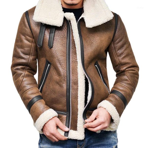 

men's fur & faux 2021 autumn winter men leather jacket thick turn-down neck warm liner lapel zipper outwear coat deri mont erkek, Black