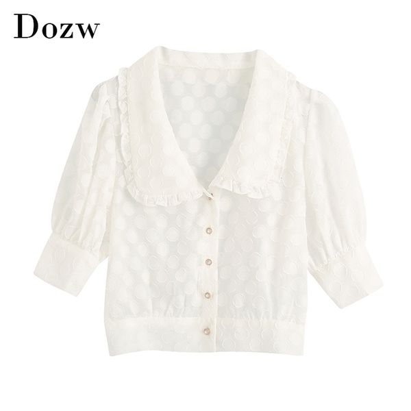 

sweet polka dot white blouse women lantern short sleeve elegant crop turn down collar ladies casual shirts 210515