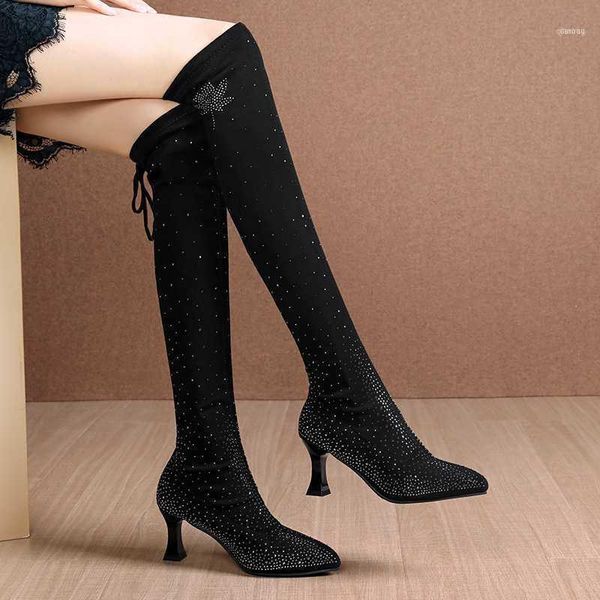 

boots women pointed toe crystal over the knee autumn elastic flock high heels party shoes woman lace up long botas11, Black