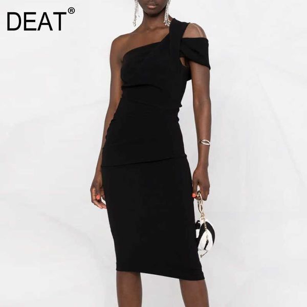 

[deat] spring summer fashion diagonal collar high waist knee-length sleeveless solid color dress women 13q406 210527, Black;gray
