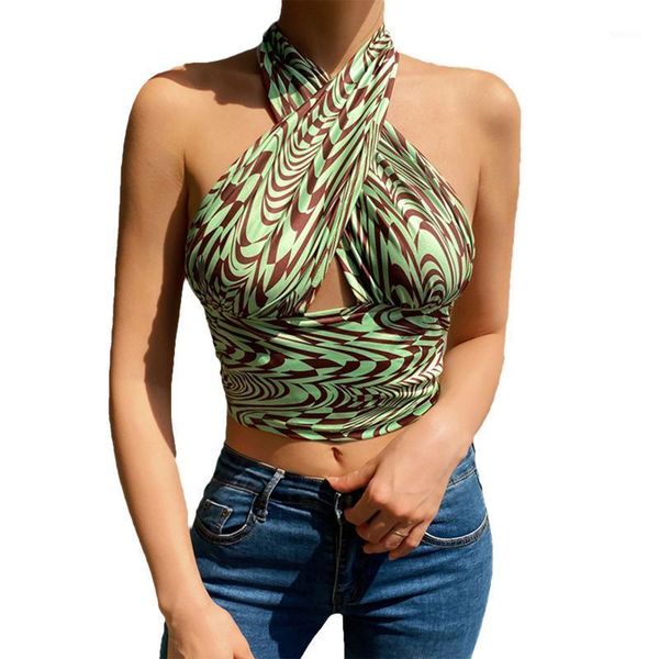 

women's tanks & camis 2021 trendy print halter tank women sleeveless backless crop summer harajuku casual holiday streetwear, White