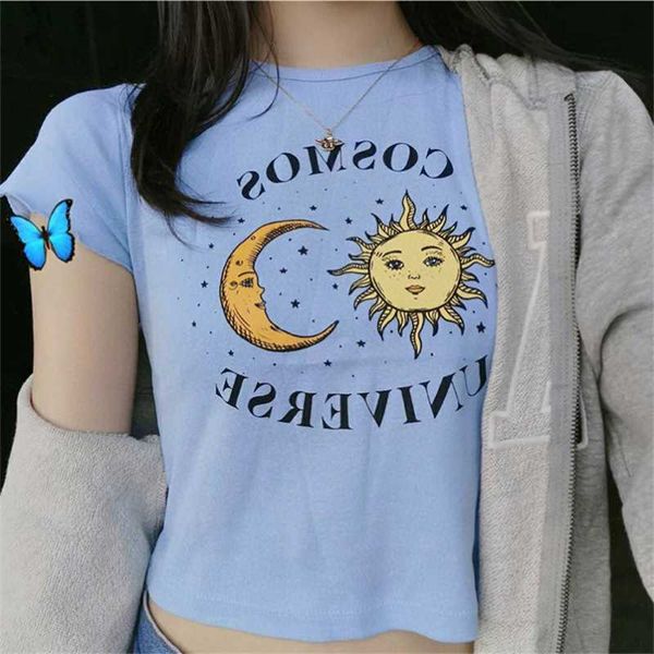 

women's t-shirt women casual fashion letter sun moon print o-neck short sleeve elastic stretched tshirt summer slim basic, White