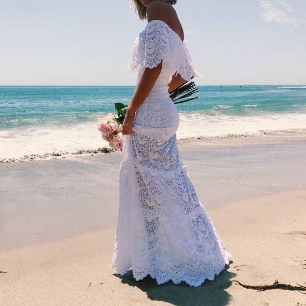 

casual dresses fashion pretty lady strapless dress women off shoulder hollow bohemian floor-length slim lace ruffles formal, Black;gray