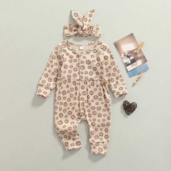 

2 pcs floral newborn rompers casual outfits toddler flower print pit bar long sleeve round neck jumpsuit + bowknot headband, Blue