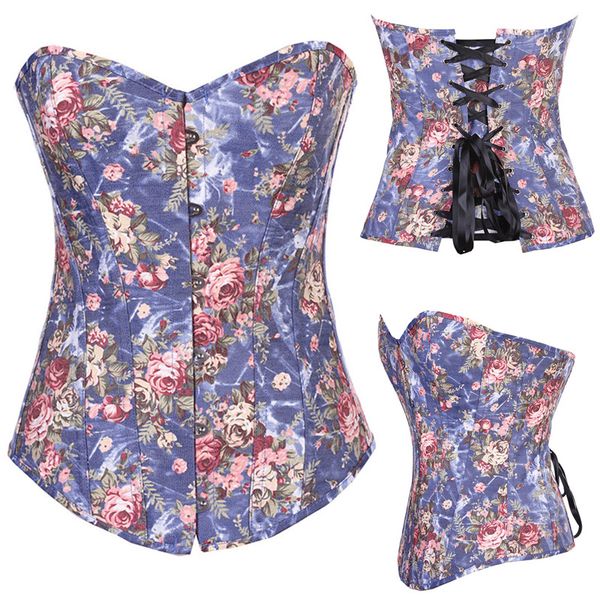 

Woman Bustiers Women Sexy Overbust Denim Floral Corsets Body Shapewear Lace Up Buckle Jeans Corset Top Vintage Fancy Printing Corselet Outwe, Black;white