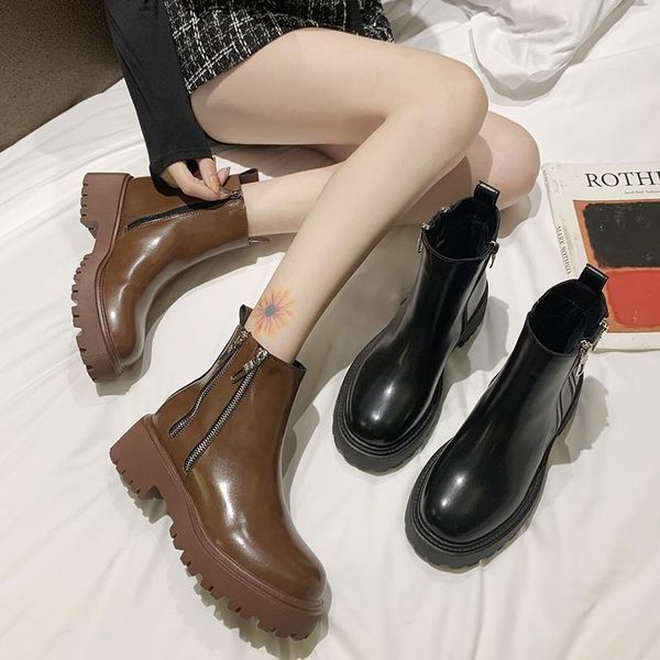 

boots 2021 winter casual women warm fur waterproof brown wedges ankle thick bottom heels platform punk shoes, Black