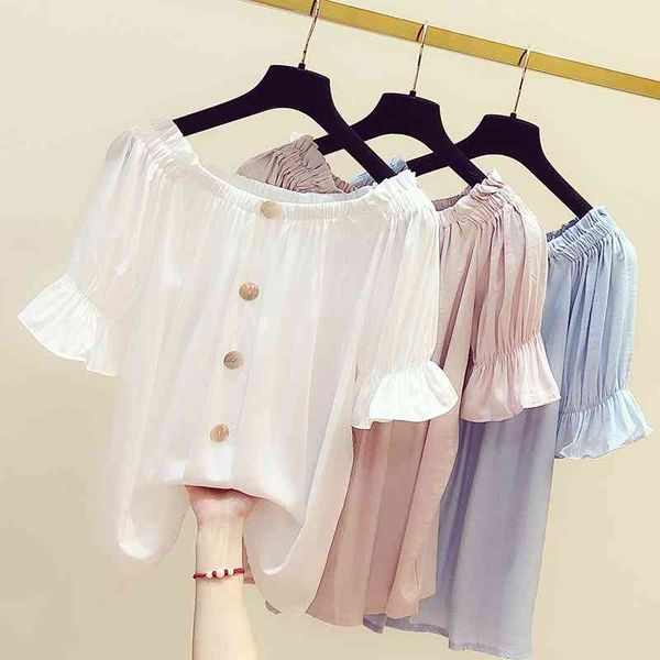 

women chiffon blouse summer fashion female short sleeve casual solid off shoulder thin shirt loose blouses pullover 210423, White