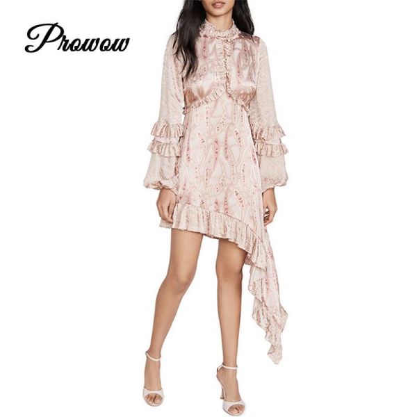 

casual dresses 2021 spring summer luxury fashion brand women pink dress stand collar puff sleeve print hollow asymmetrical elegant, Black;gray