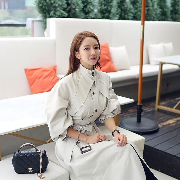 

women's trench coats women long coat autumn 2021 fashion waist-controlled windbreaker mid-length, Tan;black