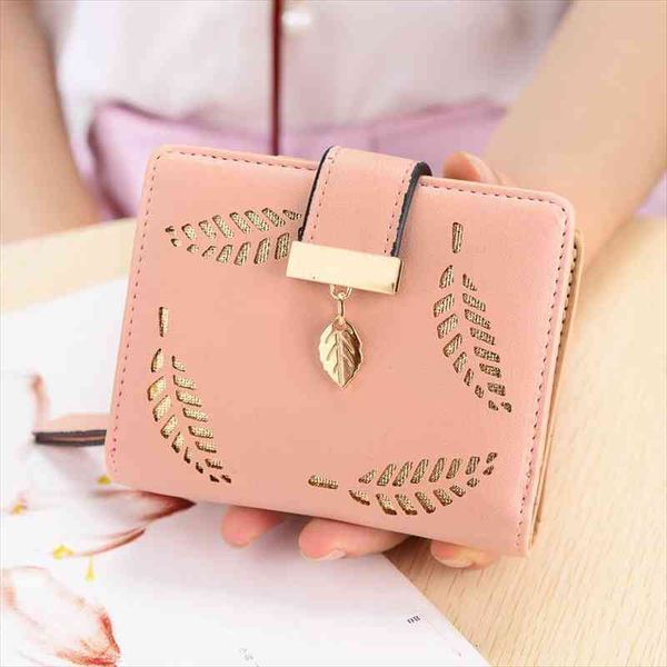 

women wallet short purse gold hollow leaves pouch handbag zipper pocket for girls coin fashion card holder carteira, Red;black