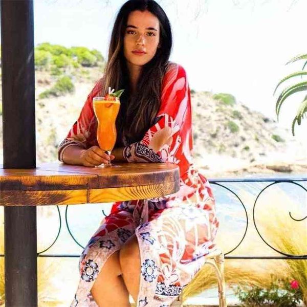 

fitshinling oversize beach cover up kimono vintage print floral holiday bikini outing boho loose long cardigan orange covers 210714, White