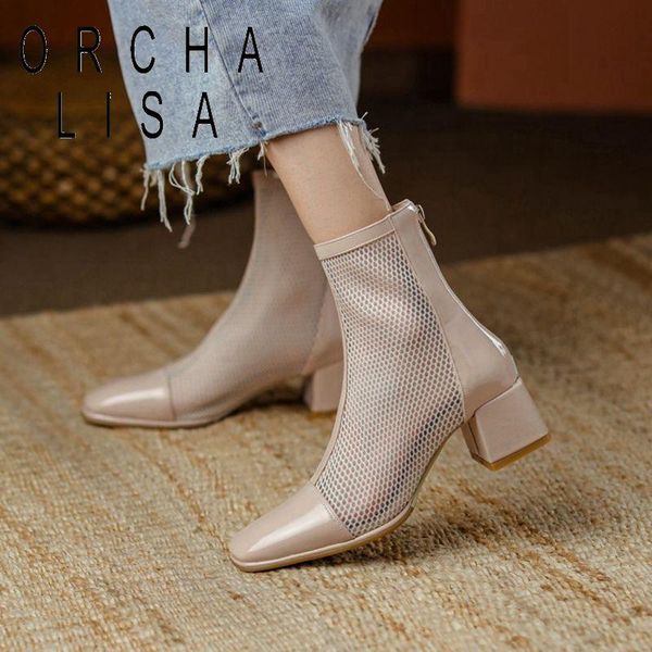 

summer mesh boots women high heels breathable pointed toe zip thick fashion autumn shoes female footwear big size 32-43, Black