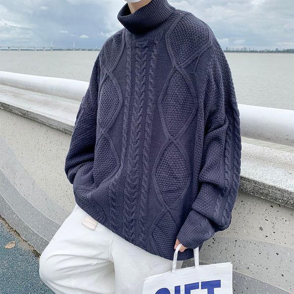 

men's sweaters winter turtleneck sweater men warm fashion retro knitted pullover loose casual long-sleeved mens jumper clothes, White;black