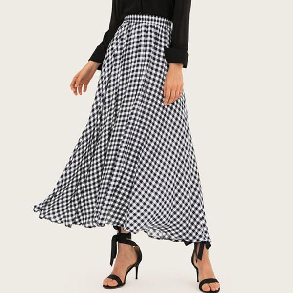 

skirts spring summer retro plaid pleated womens harajuku high waist long a-line skirt vintage check print preppy maxi jupe, Black
